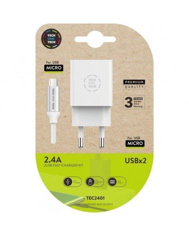 Cargador de pared tech one tech tec2401/ 2xusb + cable micro usb/ 2.4a/ blanco