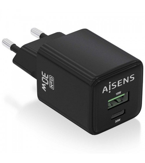 Cargador gan de pared aisens asch-30w2p038-bk/ 1xusb tipo-c/ 1xusb/ 30w