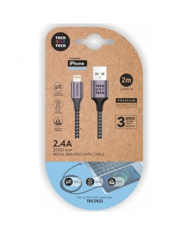 Cable usb 2.0 tech one tech tec2022/ usb macho - lightning macho/ 2m/ gris