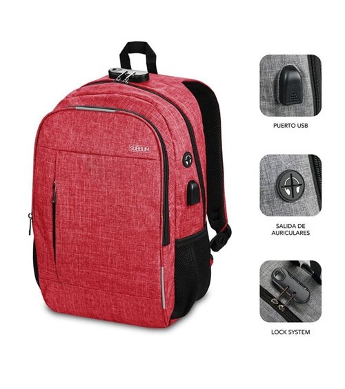 Mochila subblim urban lock para portátiles hasta 16'/ puerto usb/ antirrobo/ rojo