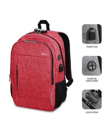 Mochila subblim urban lock para portátiles hasta 16'/ puerto usb/ antirrobo/ rojo