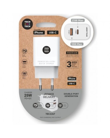 Cargador de pared tech one tech tec2267/ 1xusb tipo-c/ 1xusb/ 3a/ blanco