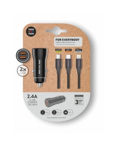 Cargador de coche tech one tech tec2810/ 2xusb + cable 3 en 1/ 2.4a