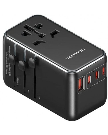 Cargador de pared universal vention fjgb0/ toma de corriente universal/ 3xusb tipo-c/ 1xusb/ 120w