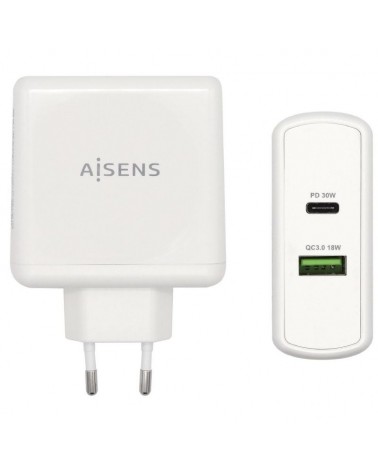 Cargador de pared aisens asch-2pd30qc-w/ 1xusb tipo-c/ 1x usb/ 48w