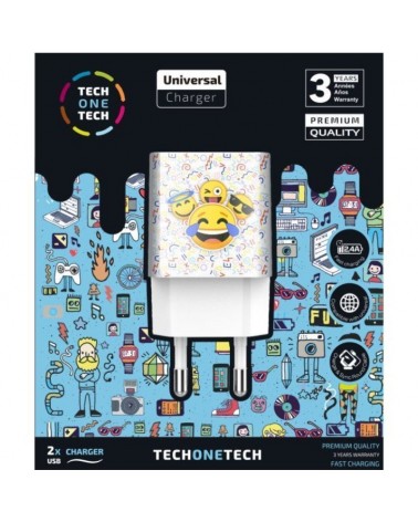 Cargador de pared tech one tech emojitech smile tec2502/ 2xusb/ 2.4a/ blanco