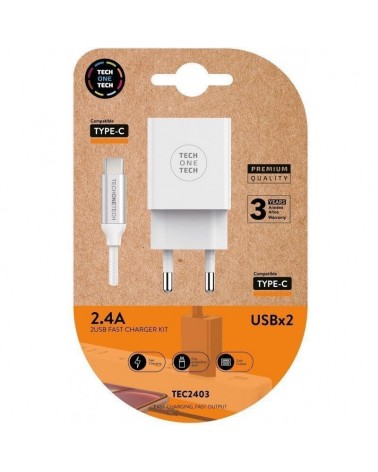 Cargador de pared tech one tech tec2403/ 2xusb + cable usb tipo-c/ 2.4a/ blanco