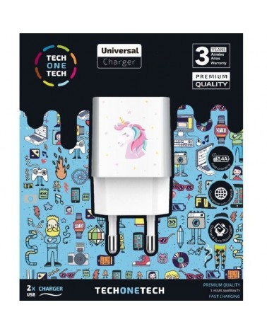 Cargador de pared tech one tech unicornio dream/ 2xusb/ 2.4a/ blanco