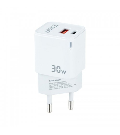 Cargador de pared tooq tqwc-ganqcpd30wt/ 1xusb tipo-c/ 1xusb/ 30w