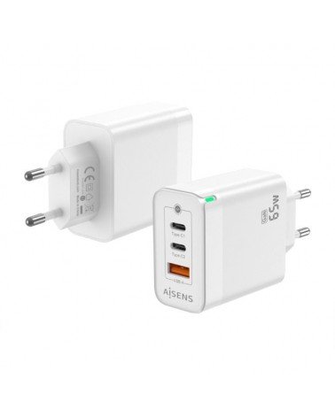 Cargador gan de pared aisens asch-65w3p007-w/ 2xusb tipo-c/ 1x usb/ 65w