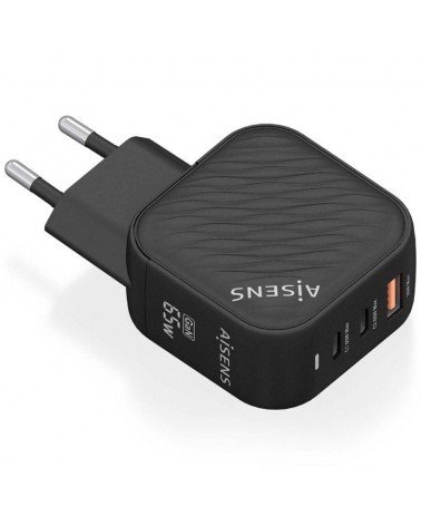 Cargador gan de pared aisens asch-65w3p027-bk/ 2xusb tipo-c/ 1xusb/ 65w