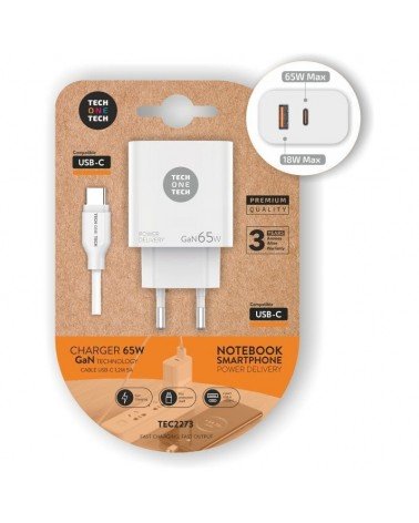 Cargador gan de pared tech one tech gan pd tec2273 / 1xusb tipo-c/ 1x usb/ 65w