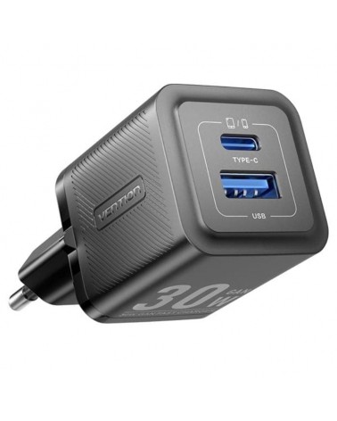 Cargador gan de pared vention feqb0-eu/ 1xusb tipo-c/ 1xusb/ 30w