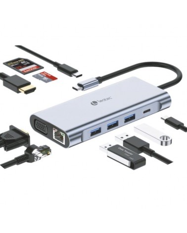 Docking usb tipo-c leotec leds01/ 3xusb/ 2xusb tipo-c/ 1xusb tipo-c pd/ 1xhdmi 4k/ 1xvga/ 1xrj45/ 1xaudio/ 1xlector tarjetas sd