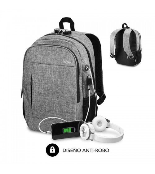 Mochila subblim urban lock para portátiles hasta 16'/ puerto usb/ antirrobo/ gris