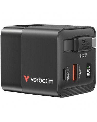 Cargador de pared universal verbatim gan charger/ 1xusb tipo-c/ 1xusb/ 1xusb tipo-c macho/ 65w