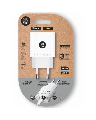 Cargador de pared tech one tech tec2264/ 1xusb tipo-c/ 3a/ blanco