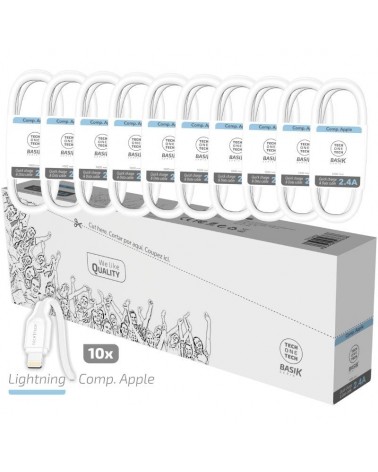 Pack 10 cables lightning tech one tech basik tec2952/ usb macho - lightning macho/ 1m/ blanco