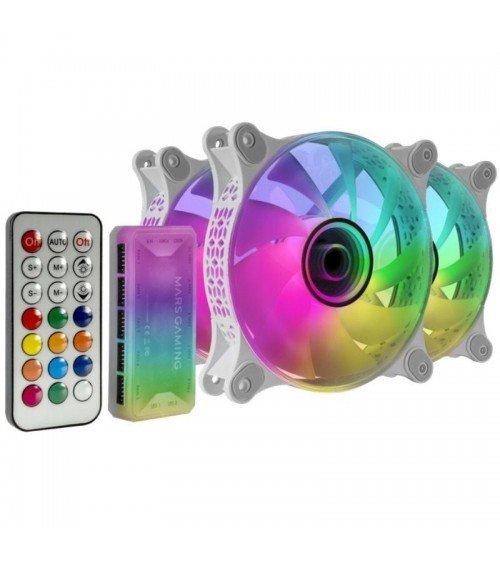 Pack 3 ventiladores mars gaming mf-3dkitw/ 12cm + hub + mando a distancia/ argb/ blanco