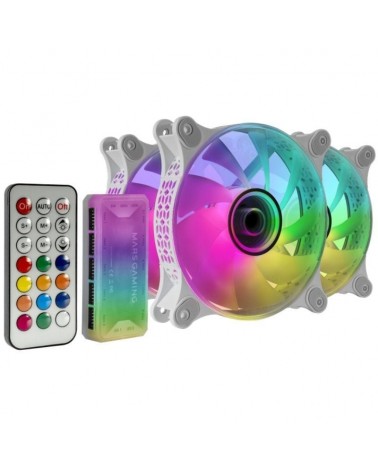 Pack 3 ventiladores mars gaming mf-3dkitw/ 12cm + hub + mando a distancia/ argb/ blanco