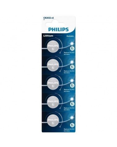 Pack de 5 pilas de botón philips cr2032p5/01b lithium/ 3v